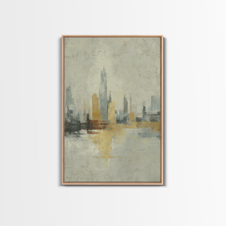 Urban Skyline in Muted Evening Color Framed Canvas Print, Wall Art, Wall Hangings, Living Room Decor, Abstract Art, WAL-2x3-74
