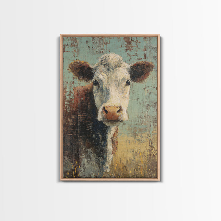 Rustic Farmhouse Cow Portrait Framed Canvas Print, Wall Art, Wall Hanging, Living Room Decor, Fine Art, Gallery Decor, WAL-2x3-75