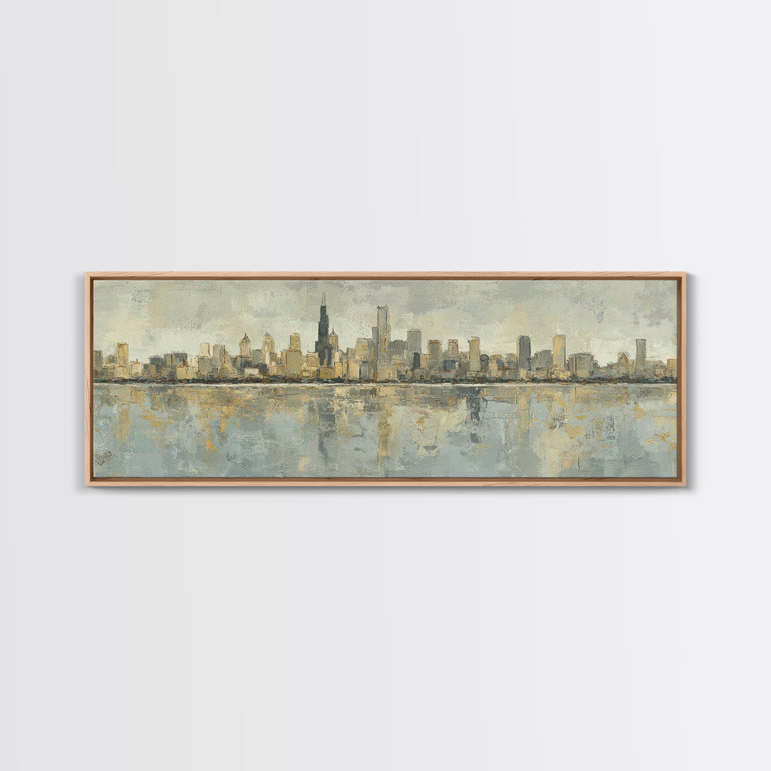 Urban Skyline in Muted Evening Color Framed Canvas Print, Wall Art, Art Deco, Living Room Decor, Fine Art, Abstract Wall Art, WAL-3x1-58
