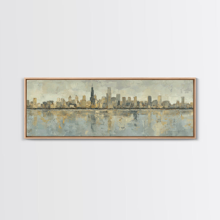 Urban Skyline in Muted Evening Color Framed Canvas Print, Wall Art, Art Deco, Living Room Decor, Fine Art, Abstract Wall Art, WAL-3x1-58