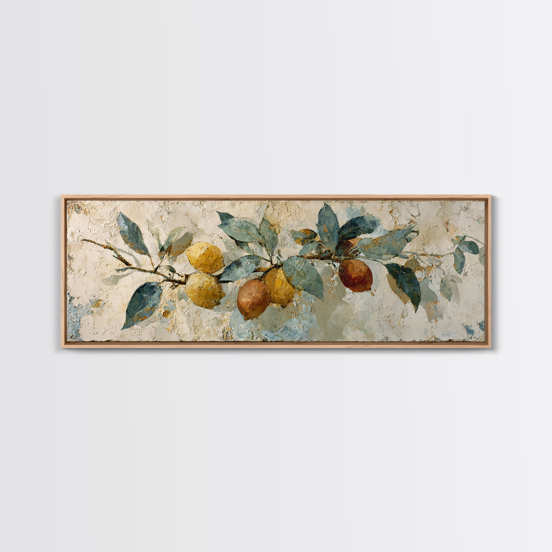 Mediterranean Lemon Branch Still Life Canvas Print, Wall Art, Boho Decor, Living Room Decor, Fine Art, Painting, WAL-3x1-62