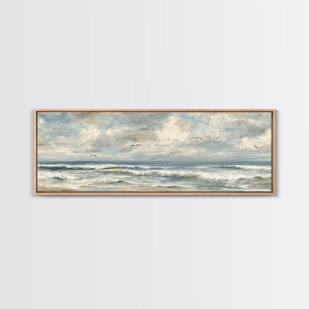Classic Seascape with Dramatic Clouds Framed Canvas Print, Wall Art, Mid Century Modern, Living Room Decor, Abstract Art, WAL-3x1-67