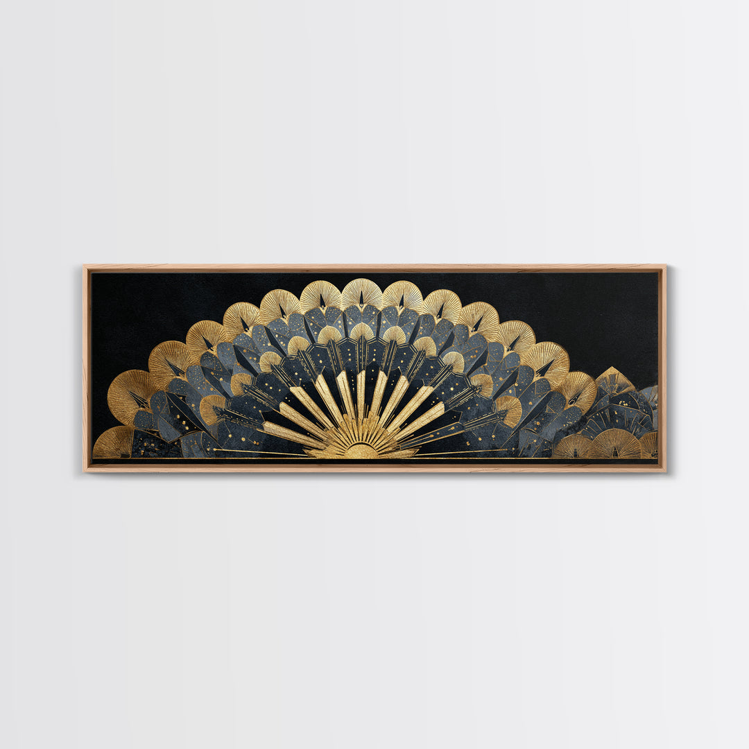 Art Deco Gold Fan Pattern Framed Canvas Print, Wall Art, Painting, Living Room Decor, Fine Art, Wall Hanging, WAL-3x1-84