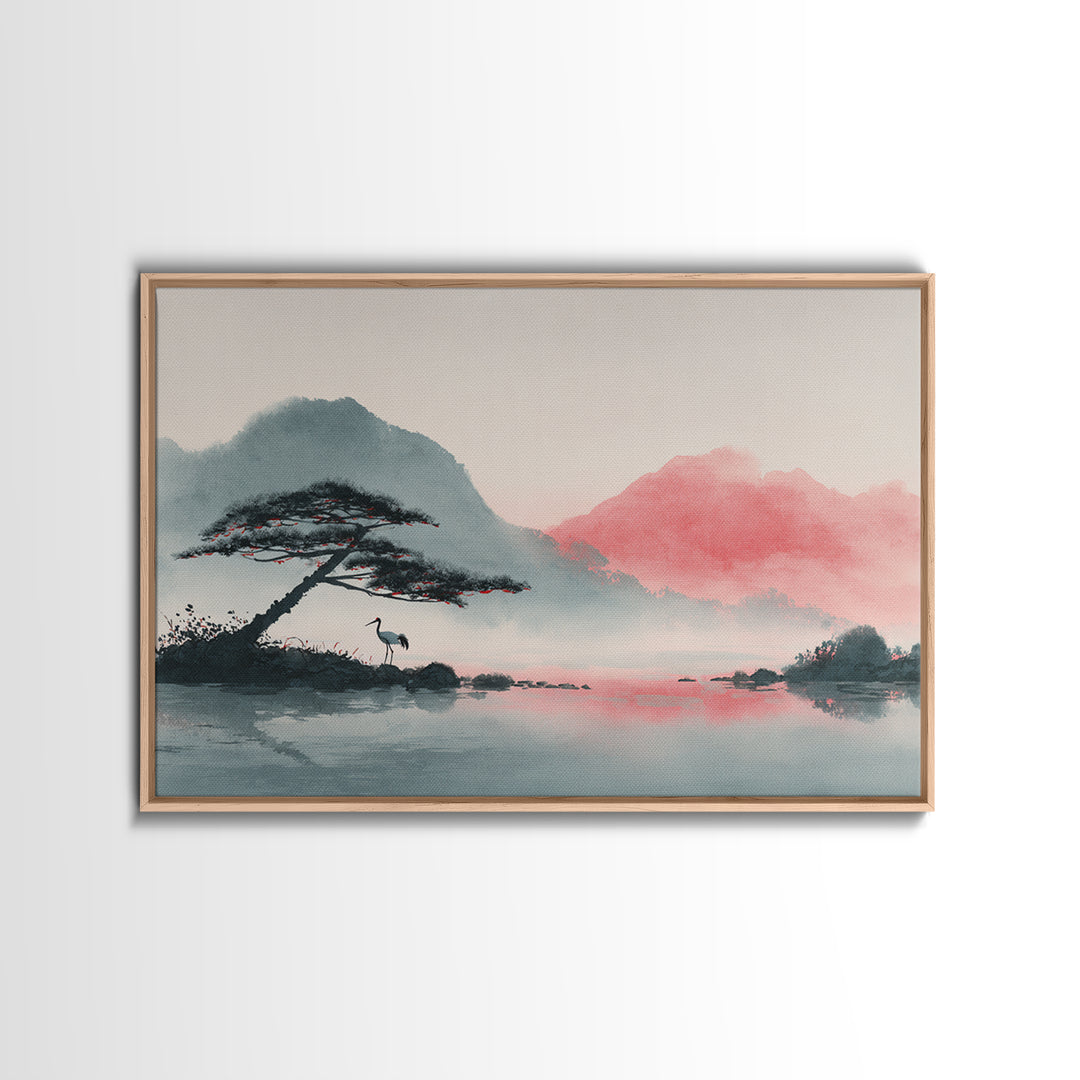 Monochrome Ink Crane Composition Framed Canvas Print, Wall Art, Living Room Decor, Oil Painting, Metal Wall Art, WAL-3x2-100