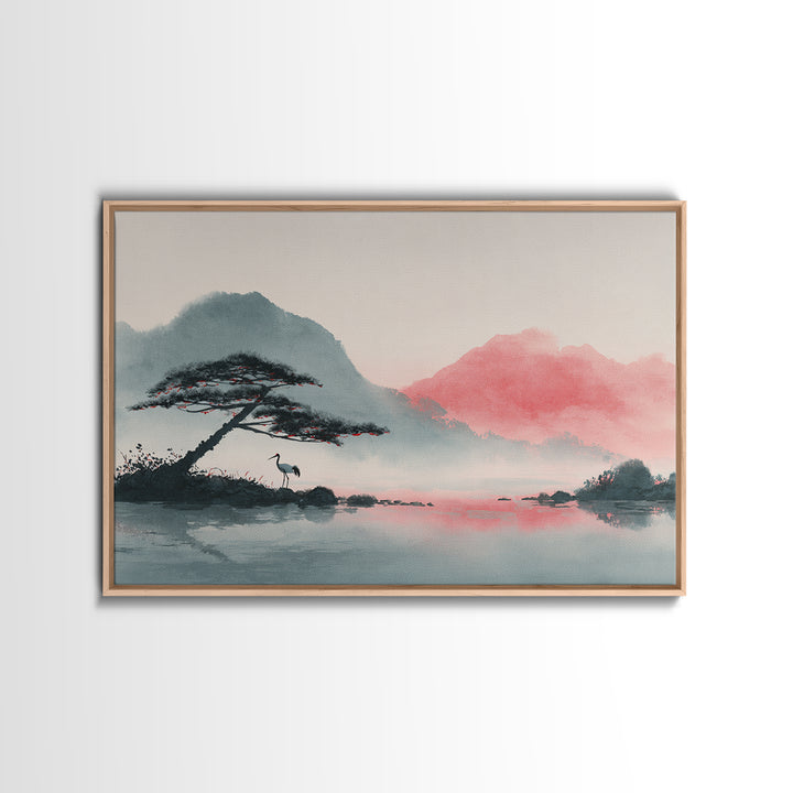 Monochrome Ink Crane Composition Framed Canvas Print, Wall Art, Living Room Decor, Oil Painting, Metal Wall Art, WAL-3x2-100