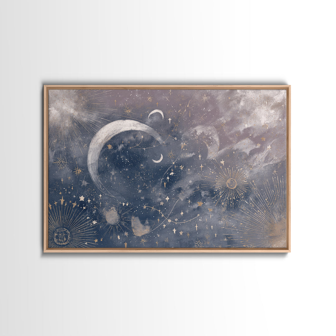Celestial Moon and Stars Artwork Framed Canvas Print, Wall Art, Digital Wall Art, Living Room Decor, Fine Art, WAL-3x2-18