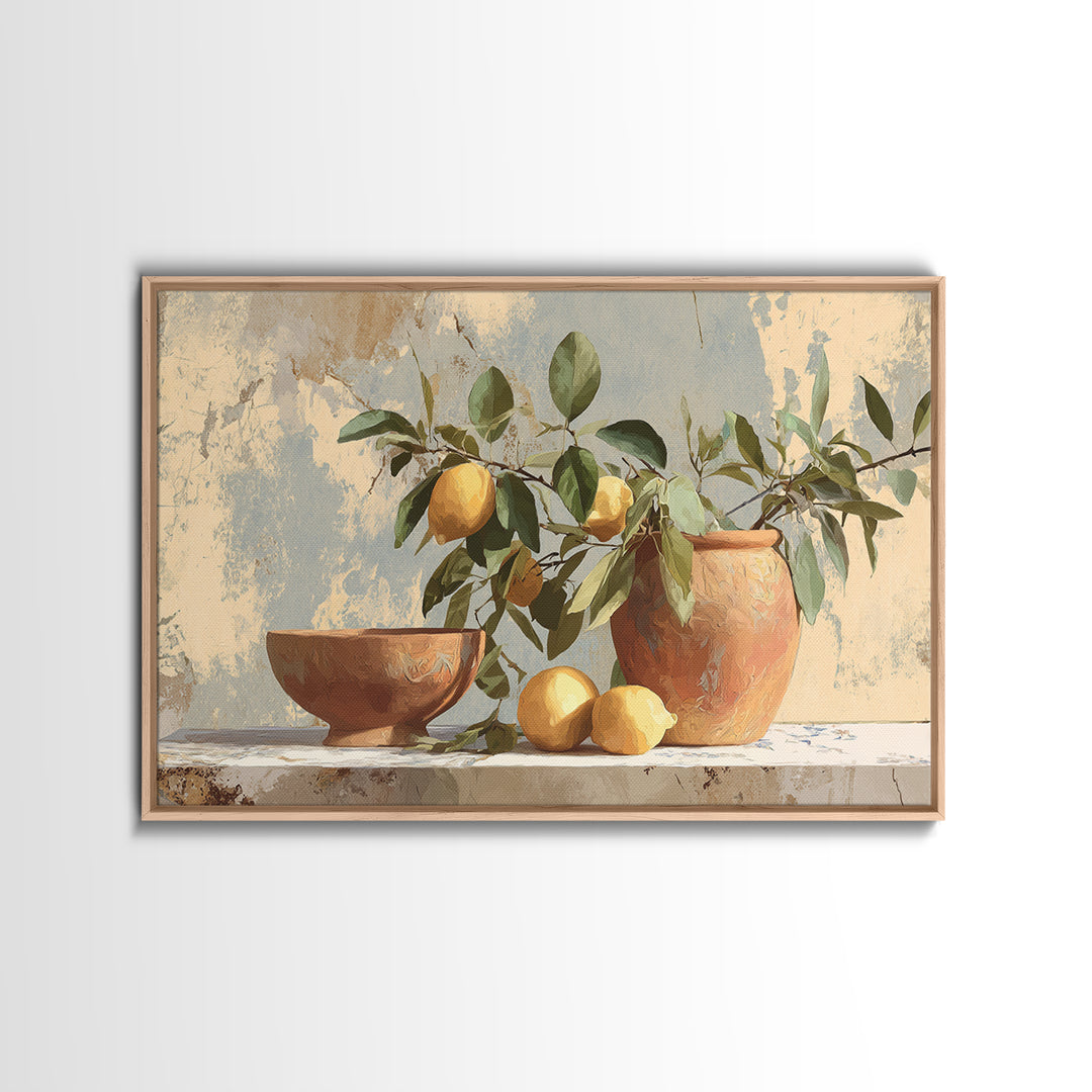 Mediterranean Lemon Branch Still Life Framed Canvas Print, Wall Art, Canvas, Living Room Decor, Watercolor Art, WAL-3x2-2