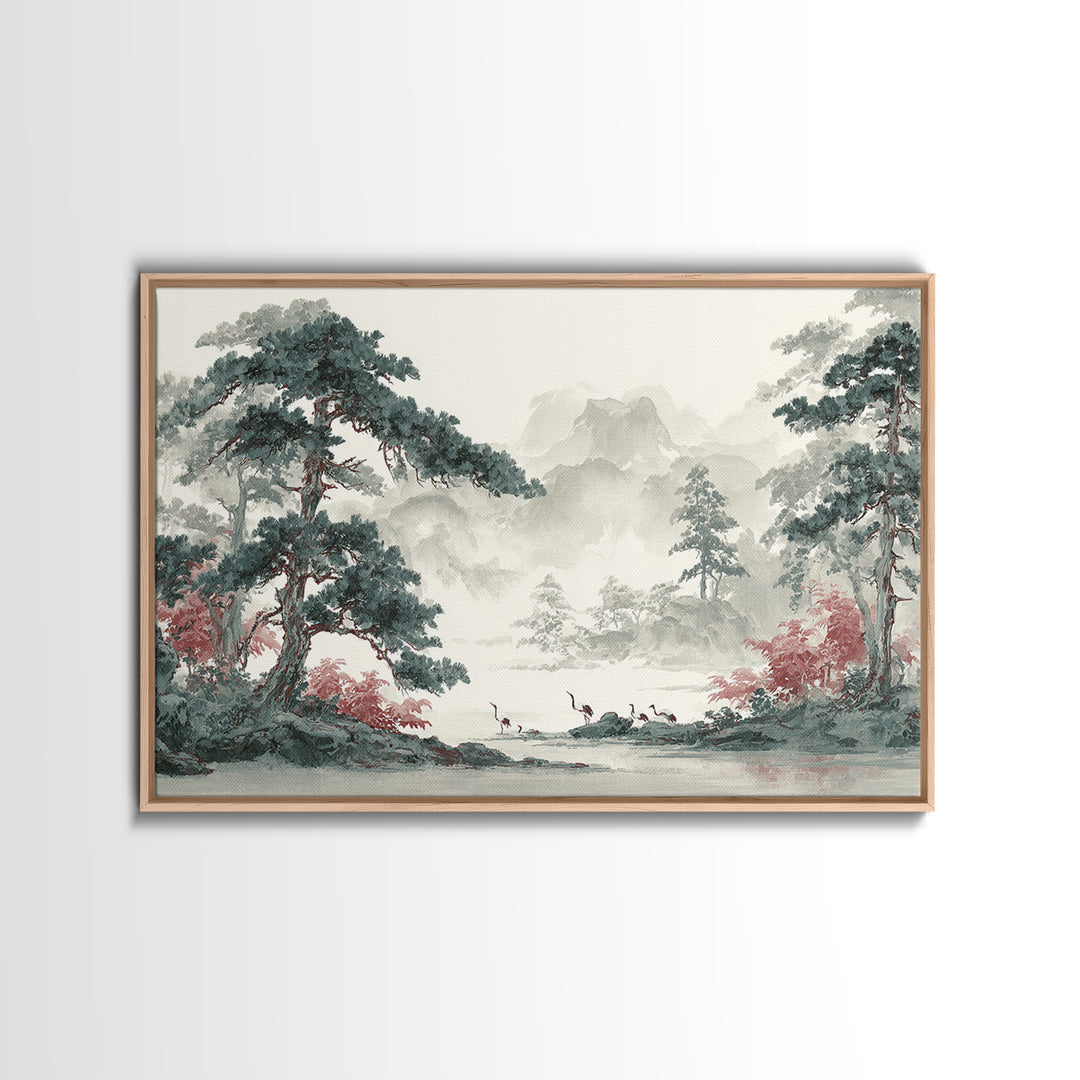 Monochrome Ink Crane Composition Framed Canvas Print, Wall Art, Original Art, Living Room Decor, Fine Art, Modern Decor, WAL-3x2-28