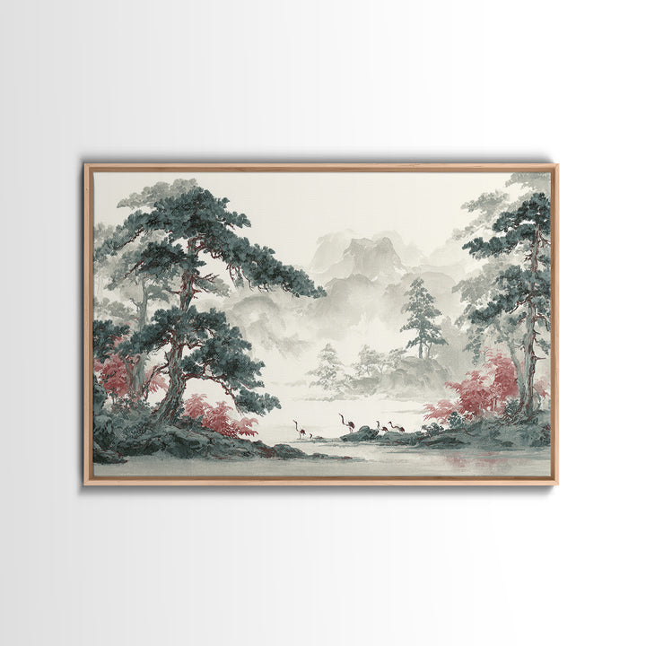 Monochrome Ink Crane Composition Framed Canvas Print, Wall Art, Original Art, Living Room Decor, Fine Art, Modern Decor, WAL-3x2-28