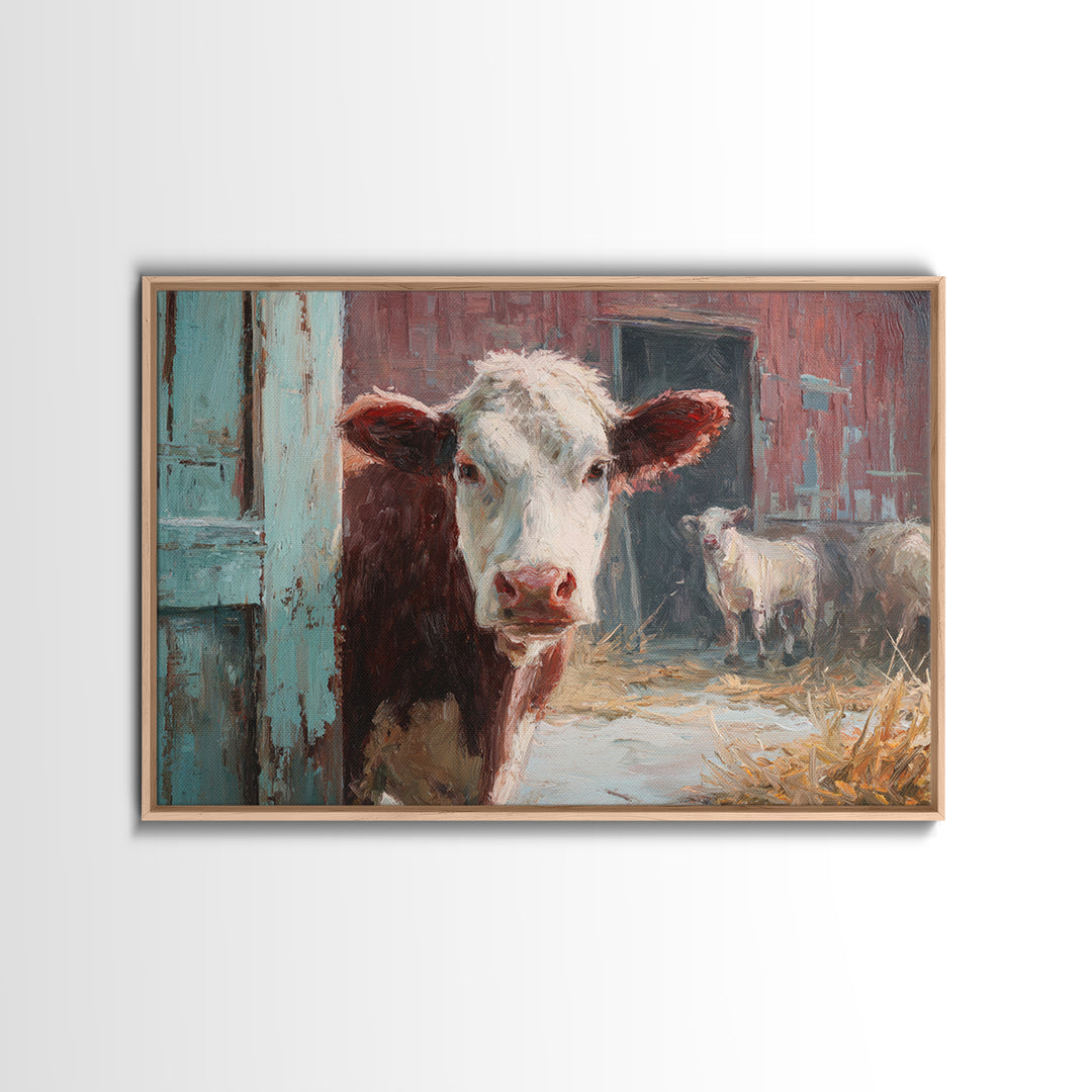 Rustic Farmhouse Cow Portrait Framed Canvas Print, Wall Art, Heart, Living Room Decor, Fine Art, Home Decor Gift, WAL-3x2-47