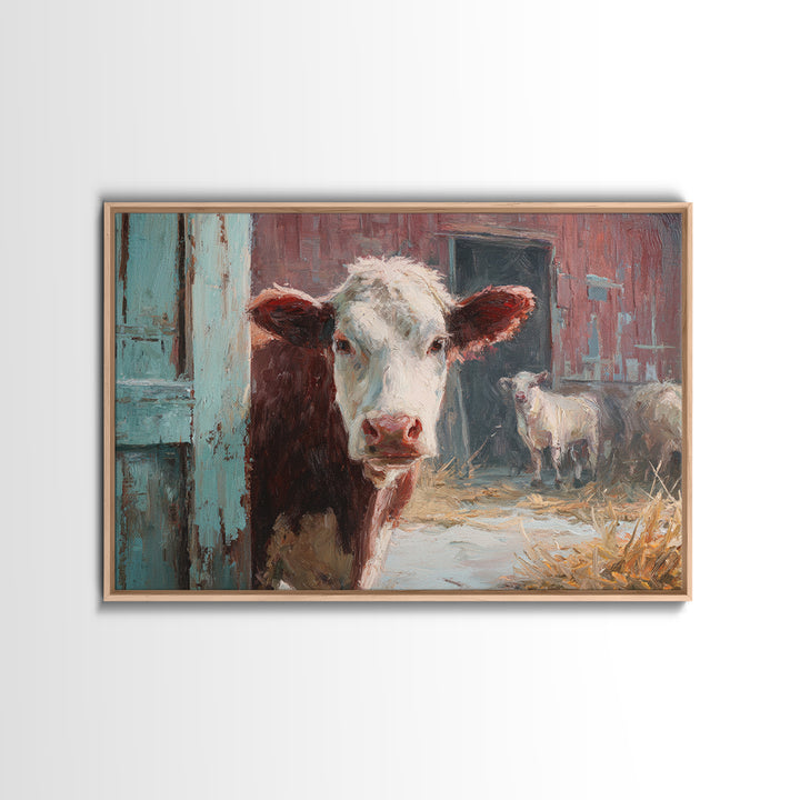 Rustic Farmhouse Cow Portrait Framed Canvas Print, Wall Art, Heart, Living Room Decor, Fine Art, Home Decor Gift, WAL-3x2-47