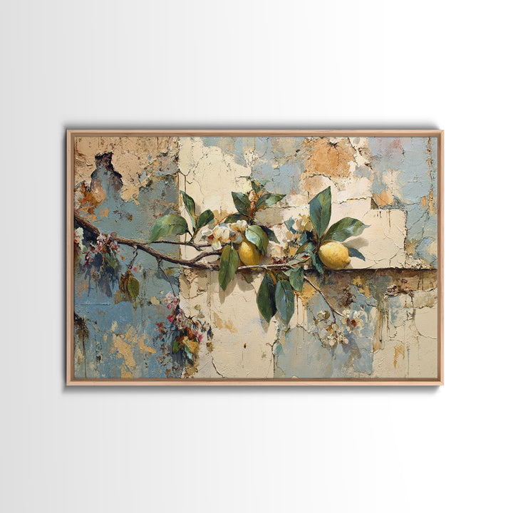 Mediterranean Lemon Branch Still Life Framed Canvas Print, Wall Art, Framed Wall Art, Living Room Decor, Fine Art, WAL-3x2-50