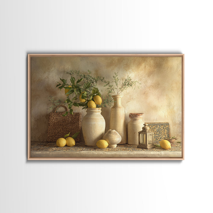 Mediterranean Lemon Branch Still Life Framed Canvas Print, Wall Art, Framed Wall Art, Living Room Decor, Fine Art, WAL-3x2-74