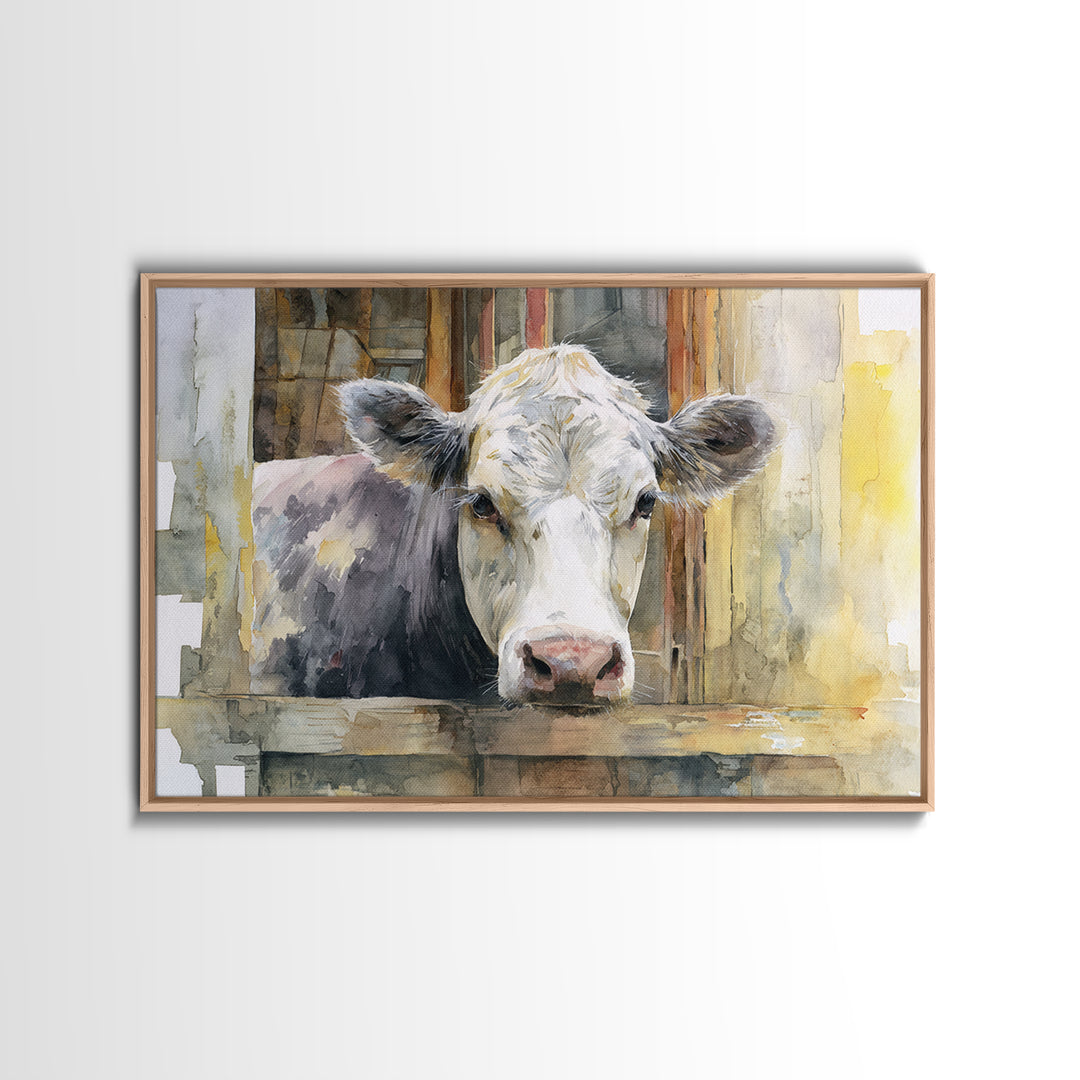 Rustic Farmhouse Cow Portrait Framed Canvas Print, Wall Art, Canvas, Living Room Decor, Oil Painting, Canvas Wall Art, WAL-3x2-95