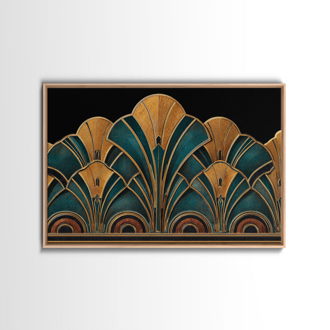 Art Deco Gold Fan Pattern Framed Canvas Print, Wall Art, Painting, Living Room Decor, Fine Art, Wall Hanging, WAL-3x2-96