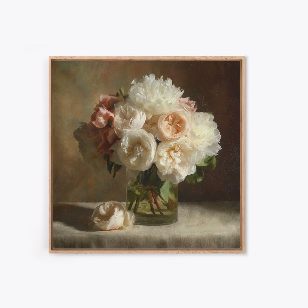 Romantic Bouquet of White Roses and Peonies Canvas Print, Wedding Art, Wedding Painting, Living Room Decor, Fine Art, Romance, WED-1x1-25
