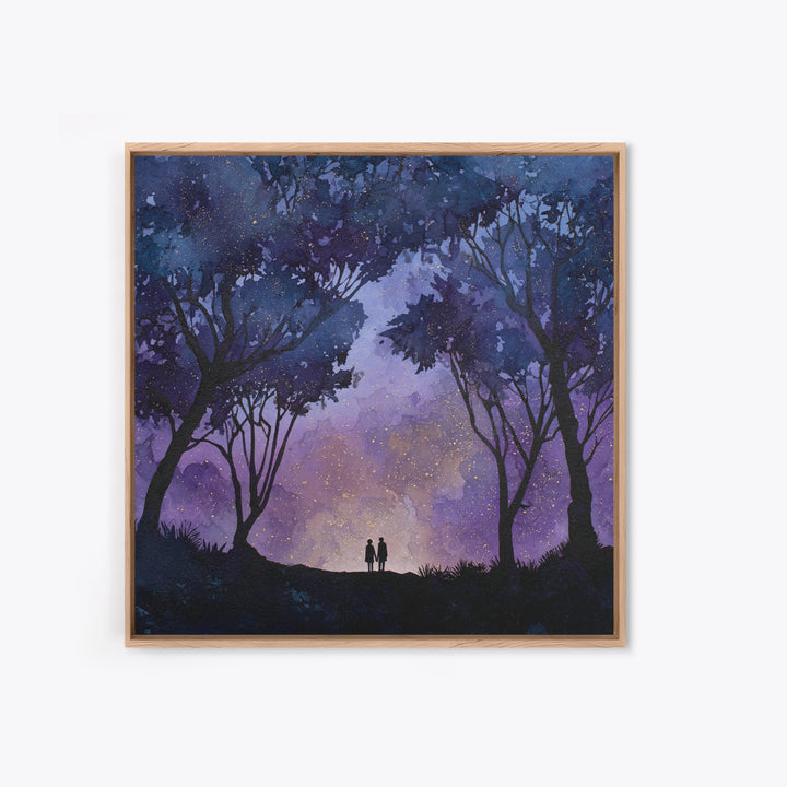 Couple Silhouette Beneath Moonlit Trees Framed Canvas Print, Wedding Art, Personalized Wedding, Living Room Decor, Romance, WED-1x1-29