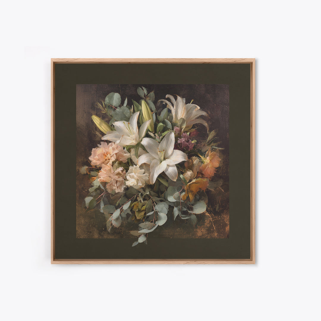 White Lilies and Eucalyptus Arrangement Framed Canvas Print, Wedding Art, Wedding Poster, Living Room Decor, Abstract Art, WED-1x1-33
