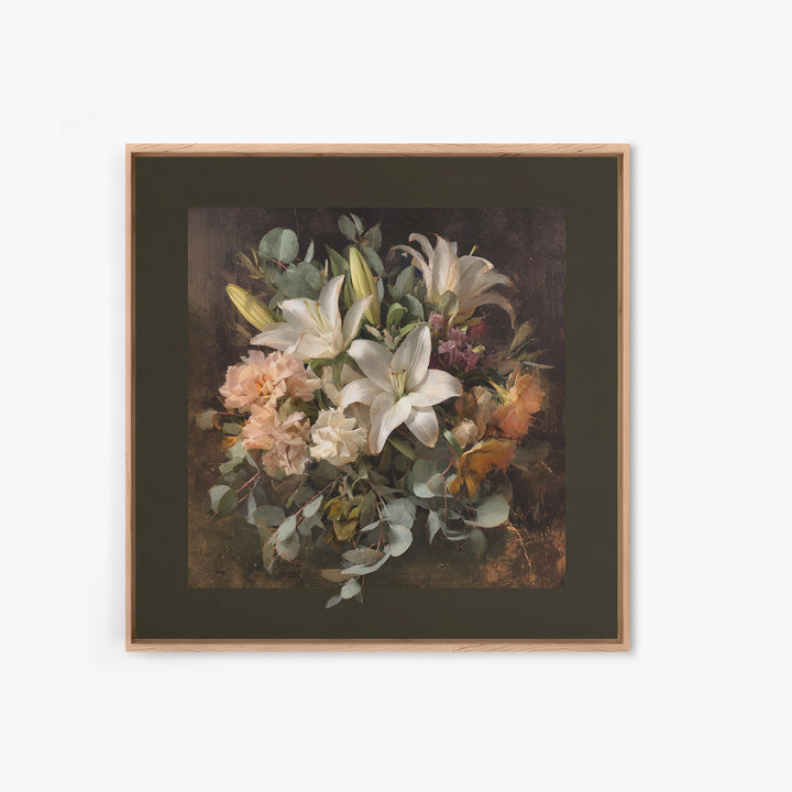 White Lilies and Eucalyptus Arrangement Framed Canvas Print, Wedding Art, Wedding Poster, Living Room Decor, Abstract Art, WED-1x1-33