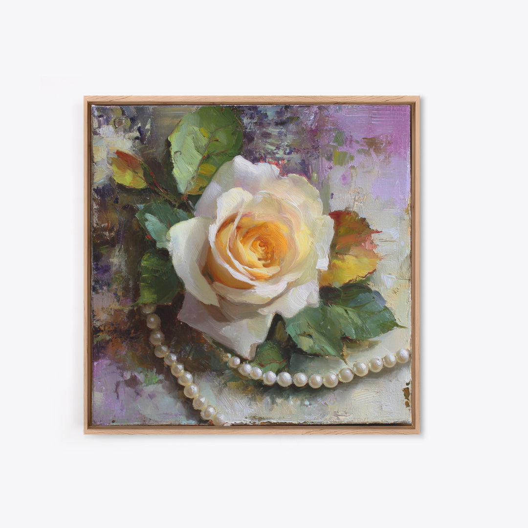Pearl Necklace and Rose Still Life Canvas Print, Wedding Art, Framed Art, Living Room Decor, Watercolor Art, Romance, WED-1x1-36