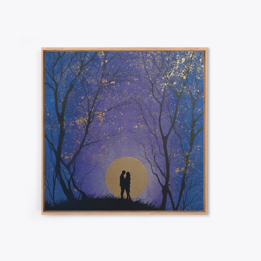 Couple Silhouette Beneath Moonlit Trees Framed Canvas Print, Wedding Art, Personalized Wedding, Living Room Decor, Romance, WED-1x1-53
