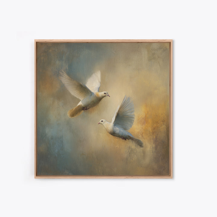 Doves Flying Through Soft Golden Light Canvas Print, Wedding Art, Wedding Painting, Living Room Decor, Fine Art, Romance, WED-1x1-59
