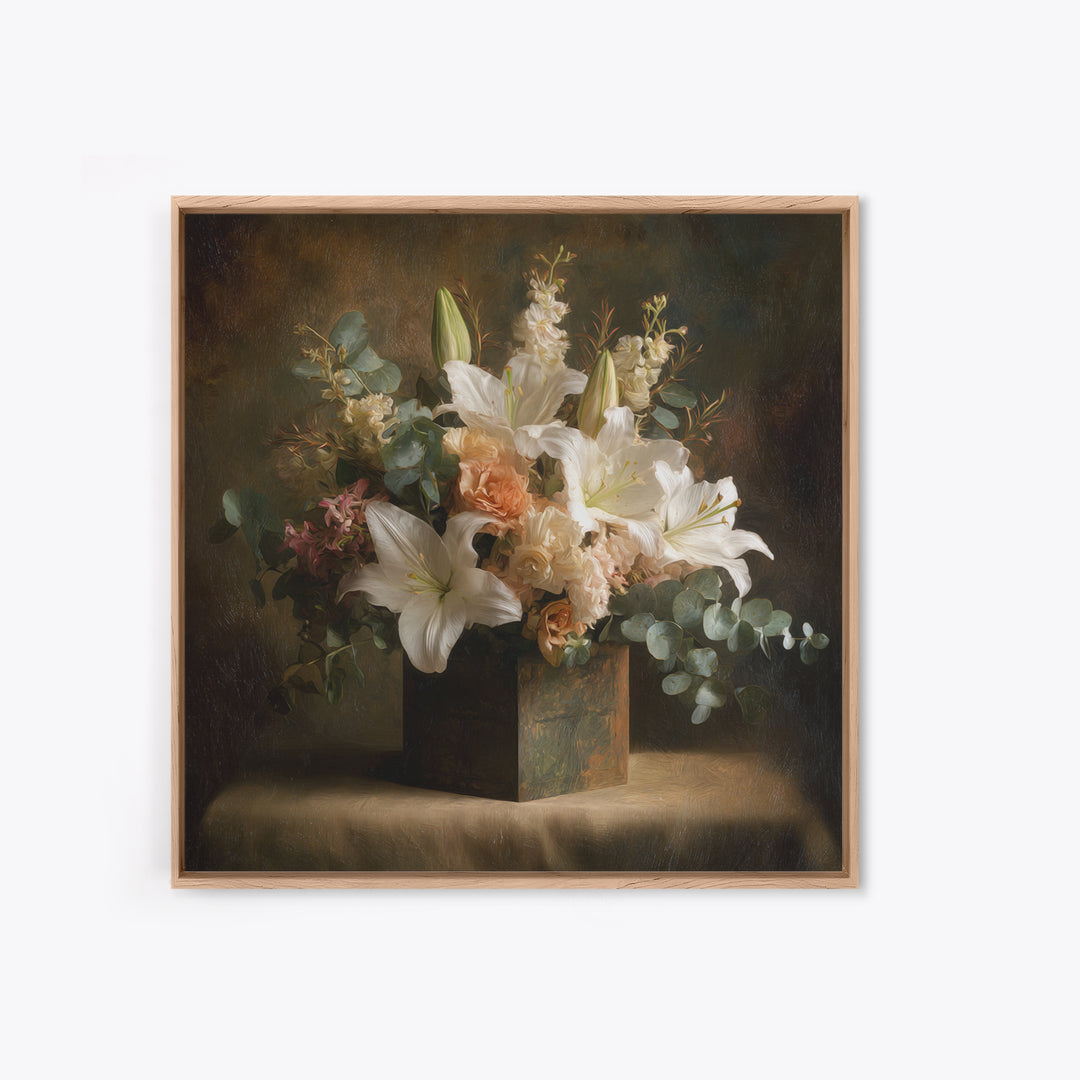 White Lilies and Eucalyptus Arrangement Canvas Print, Wedding Art, Modern Decor, Living Room Decor, Fine Art, Romance, WED-1x1-81