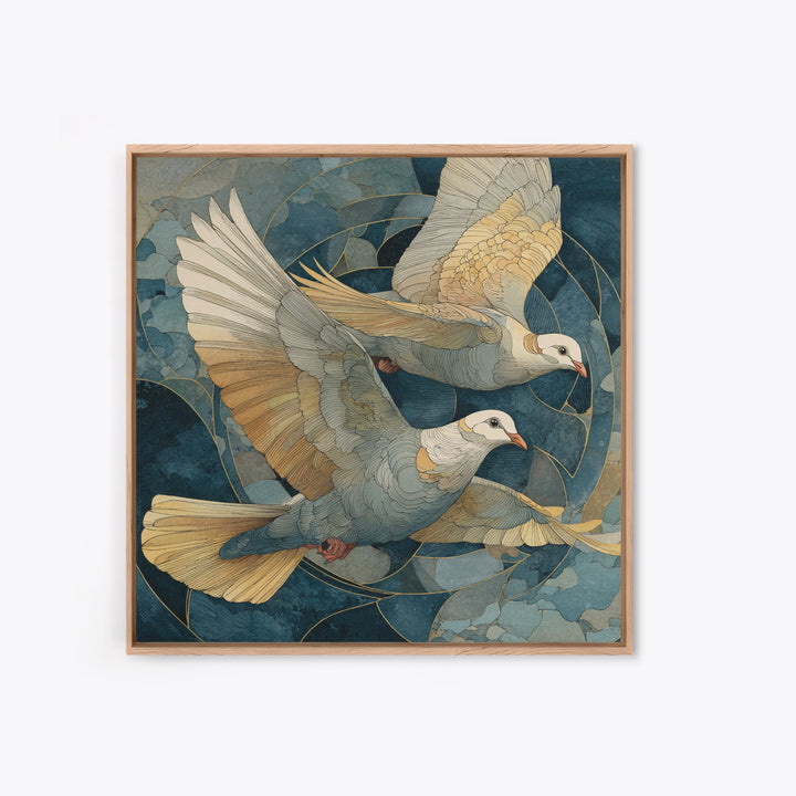 Doves Flying Through Soft Golden Light Framed Canvas Print, Wedding Art, Wall Decor, Living Room Decor, Fine Art, Romance, WED-1x1-83
