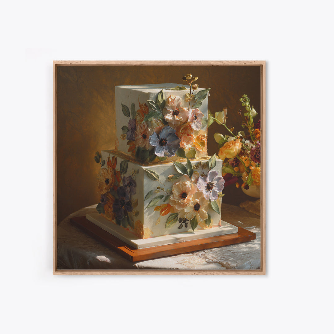 Wedding Cake with Flowers in Painterly Style Canvas Print, Wedding Art, Wedding Poster, Living Room Decor, Oil Painting, WED-1x1-86