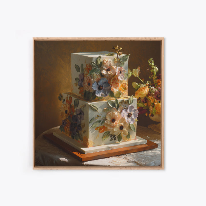 Wedding Cake with Flowers in Painterly Style Canvas Print, Wedding Art, Wedding Poster, Living Room Decor, Oil Painting, WED-1x1-86