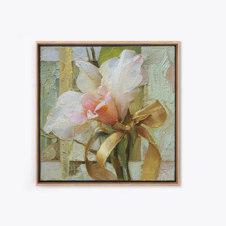 White Orchid and Gold Ribbon Composition Framed Canvas Print, Wedding Art, Wedding Gift, Living Room Decor, Fine Art, Romance, WED-1x1-96