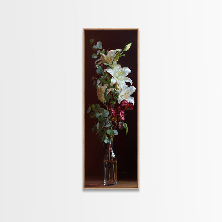 White Lilies and Eucalyptus Arrangement Framed Canvas Print, Wedding Art, Wedding Stationery, Living Room Decor, Oil Painting, WED-1x3-45