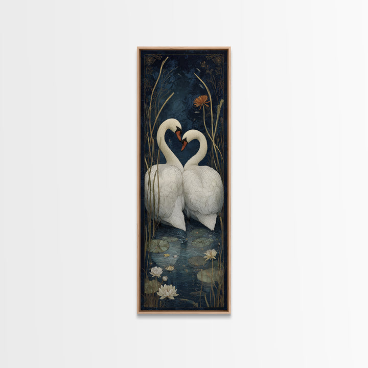 Two Swans Forming a Heart on Dark Framed Canvas Print, Wedding Art, Wedding Painting, Living Room Decor, Fine Art, Romance, WED-1x3-62