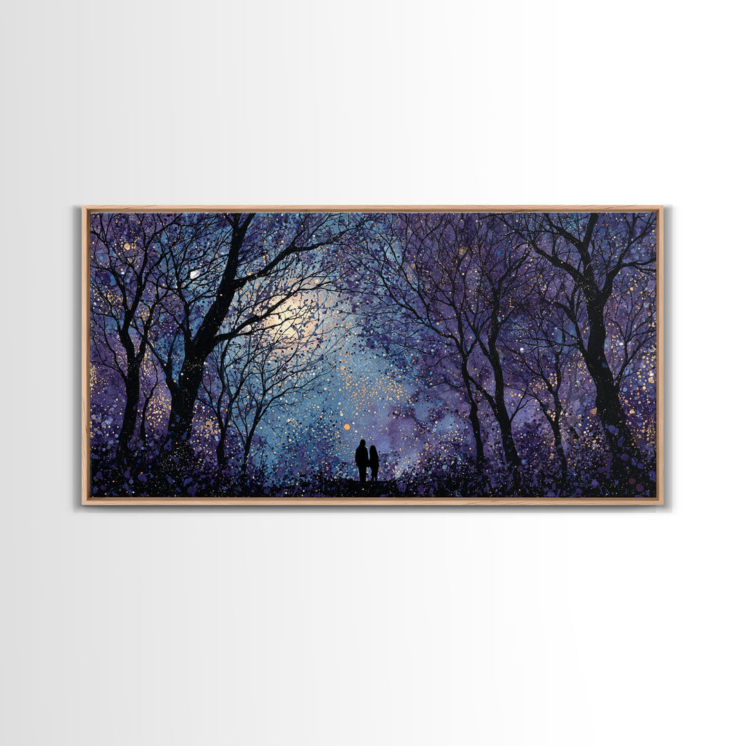 Couple Silhouette Beneath Moonlit Trees Framed Canvas Print, Wedding Art, Luxury Decor, Living Room Decor, Fine Art, Romance, WED-2x1-1