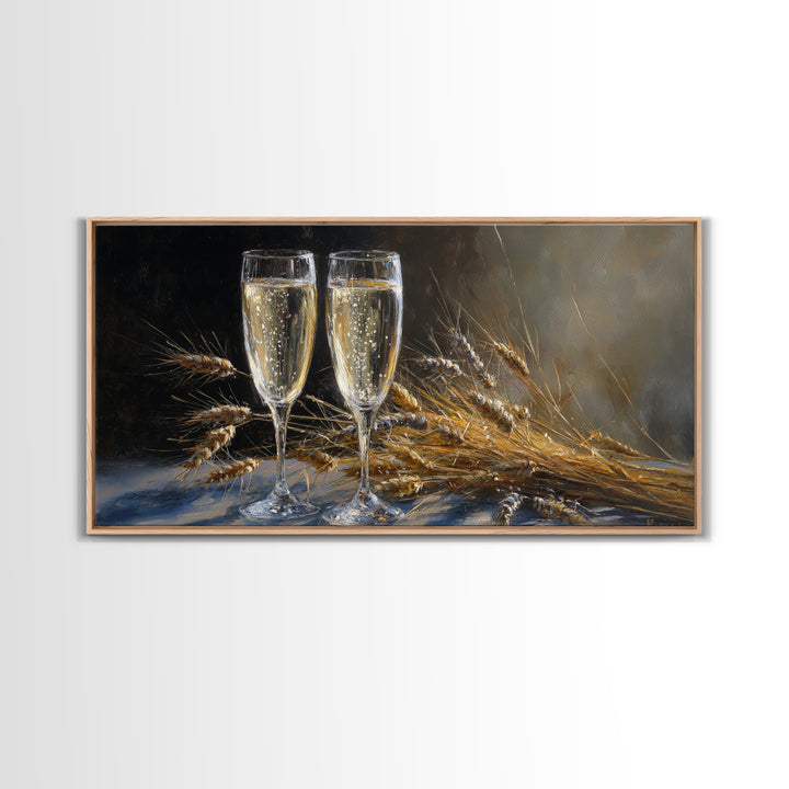 Champagne Glasses with Delicate Sparkle Canvas Print, Wedding Art, Wall Decor, Living Room Decor, Abstract Art, Romance, WED-2x1-2