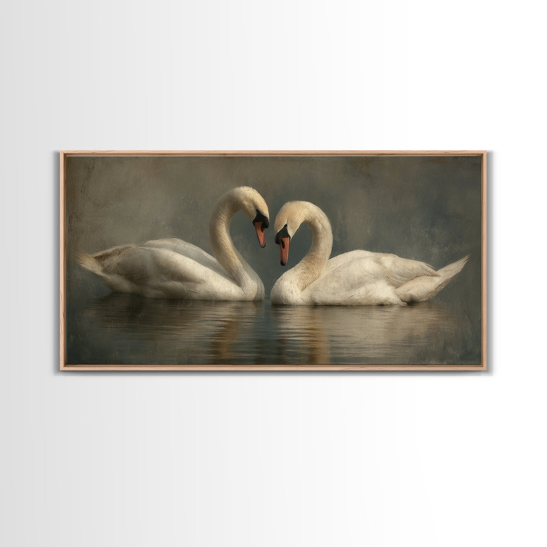 Two Swans Forming a Heart on Dark Canvas Print, Wedding Art, Gallery Decor, Living Room Decor, Fine Art, Romance, WED-2x1-22