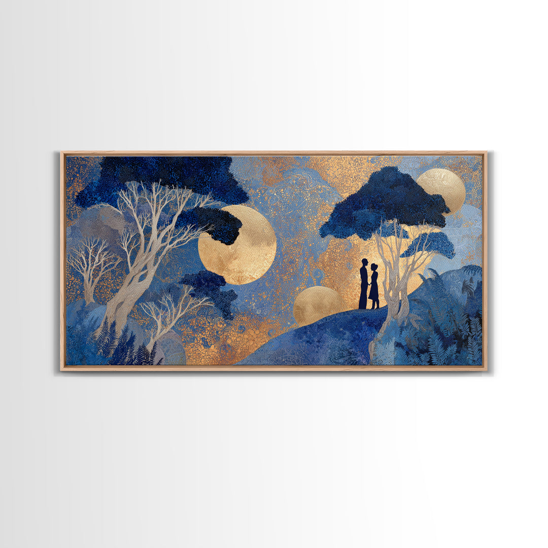 Couple Silhouette Beneath Moonlit Trees Framed Canvas Print, Wedding Art, Luxury Decor, Living Room Decor, Fine Art, Romance, WED-2x1-25