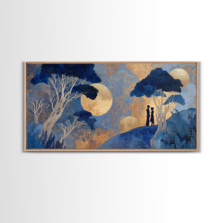 Couple Silhouette Beneath Moonlit Trees Framed Canvas Print, Wedding Art, Luxury Decor, Living Room Decor, Fine Art, Romance, WED-2x1-25