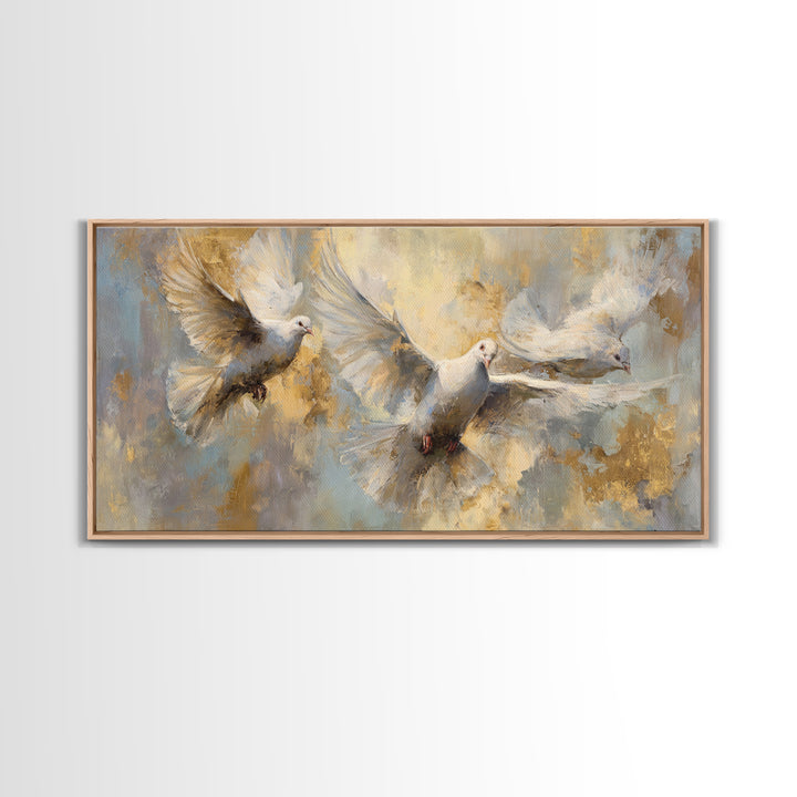 Doves Flying Through Soft Golden Light Canvas Print, Wedding Art, Art Print, Living Room Decor, Romance, Downloadable Art, WED-2x1-31