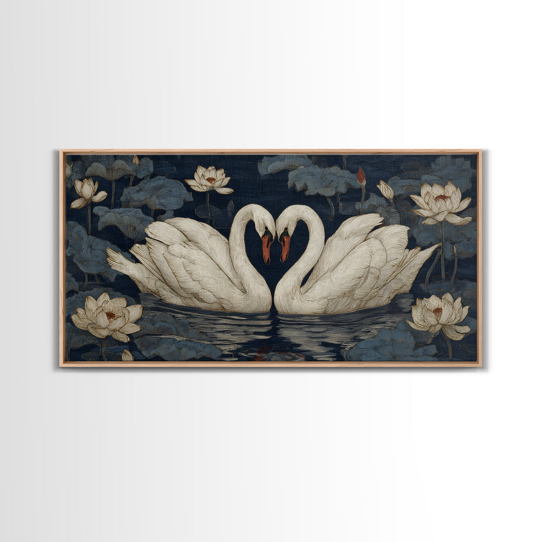 Two Swans Forming a Heart on Dark Framed Canvas Print, Wedding Art, Boho Decor, Living Room Decor, Fine Art, Romance, WED-2x1-46