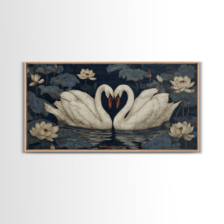 Two Swans Forming a Heart on Dark Framed Canvas Print, Wedding Art, Boho Decor, Living Room Decor, Fine Art, Romance, WED-2x1-46