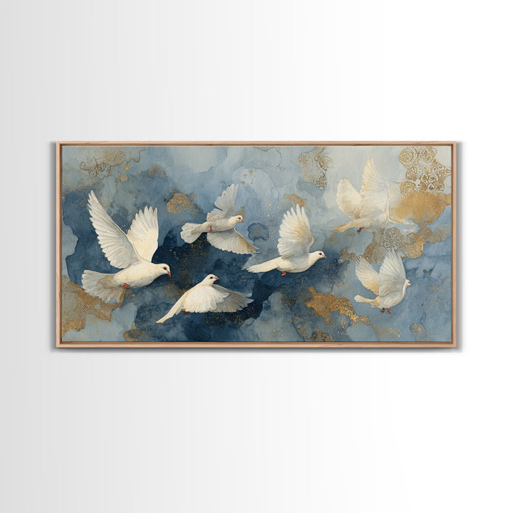 Doves Flying Through Soft Golden Light Framed Canvas Print, Wedding Art, Custom Painting, Living Room Decor, Fine Art, Romance, WED-2x1-55