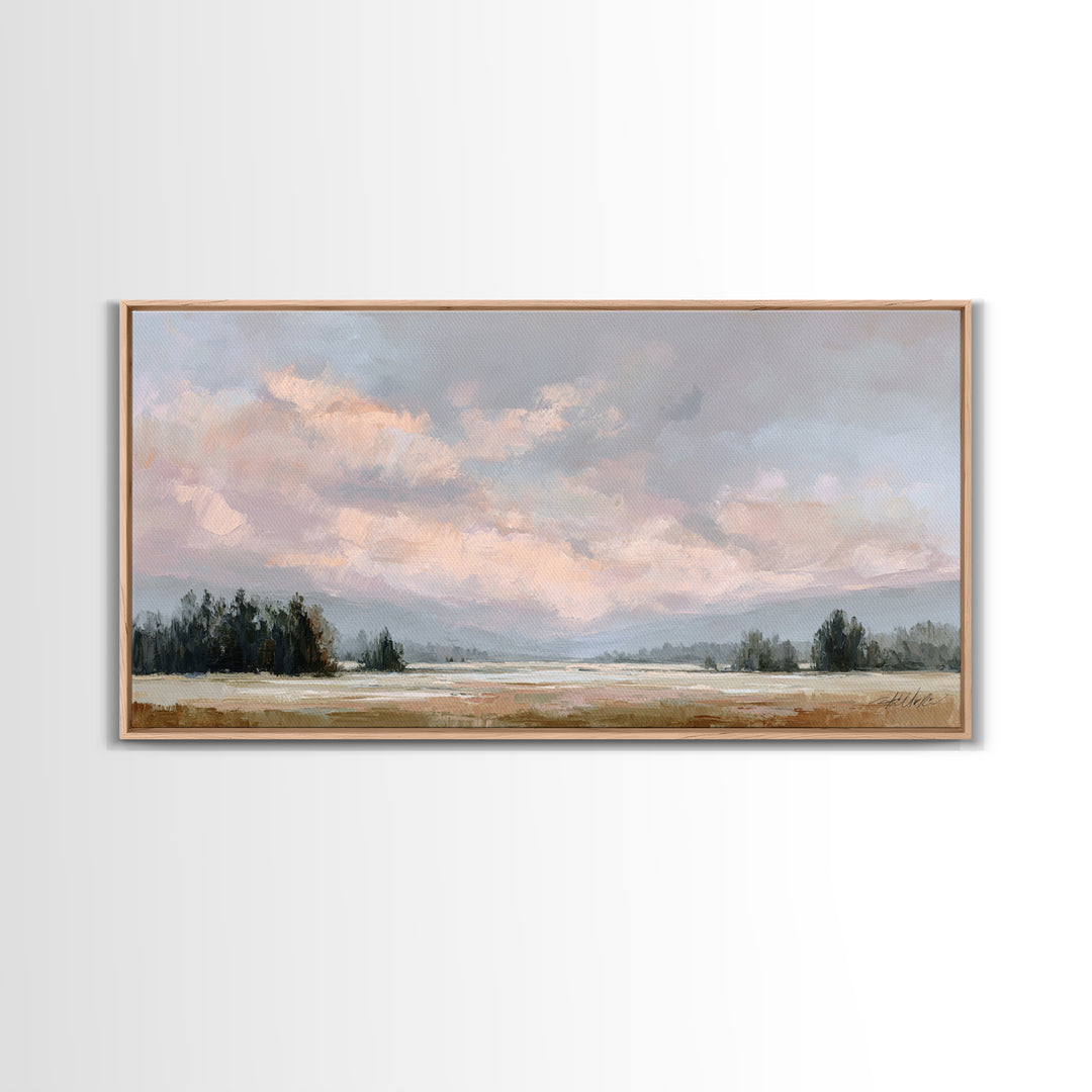 Blush Cloudscape with Dreamy Atmosphere Framed Canvas Print, Wedding Art, Downloadable Art, Living Room Decor, Watercolor Art, WED-2x1-59