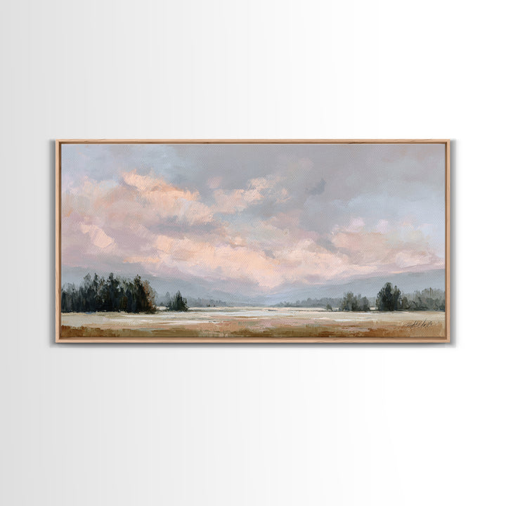 Blush Cloudscape with Dreamy Atmosphere Framed Canvas Print, Wedding Art, Downloadable Art, Living Room Decor, Watercolor Art, WED-2x1-59