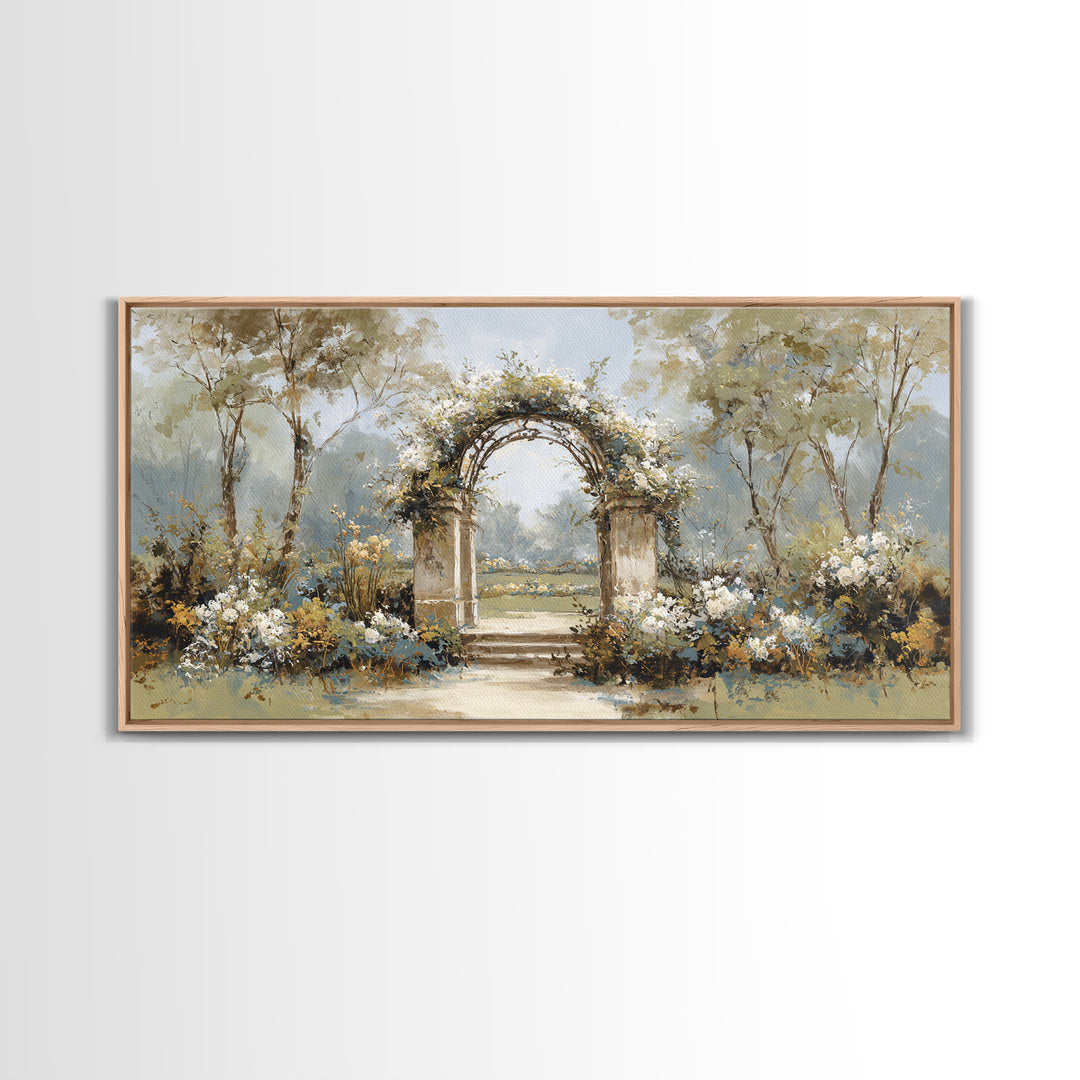 Romantic Garden Arch Covered Framed Canvas Print, Wedding Art, Neutral Decor, Living Room Decor, Oil Painting, Romance, WED-2x1-6