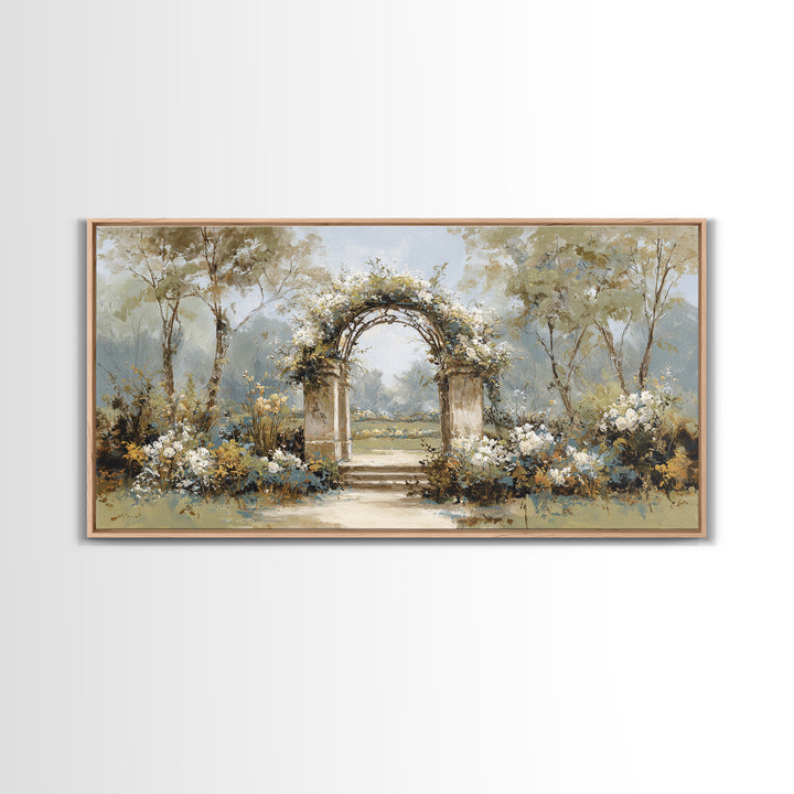 Romantic Garden Arch Covered Framed Canvas Print, Wedding Art, Neutral Decor, Living Room Decor, Oil Painting, Romance, WED-2x1-6
