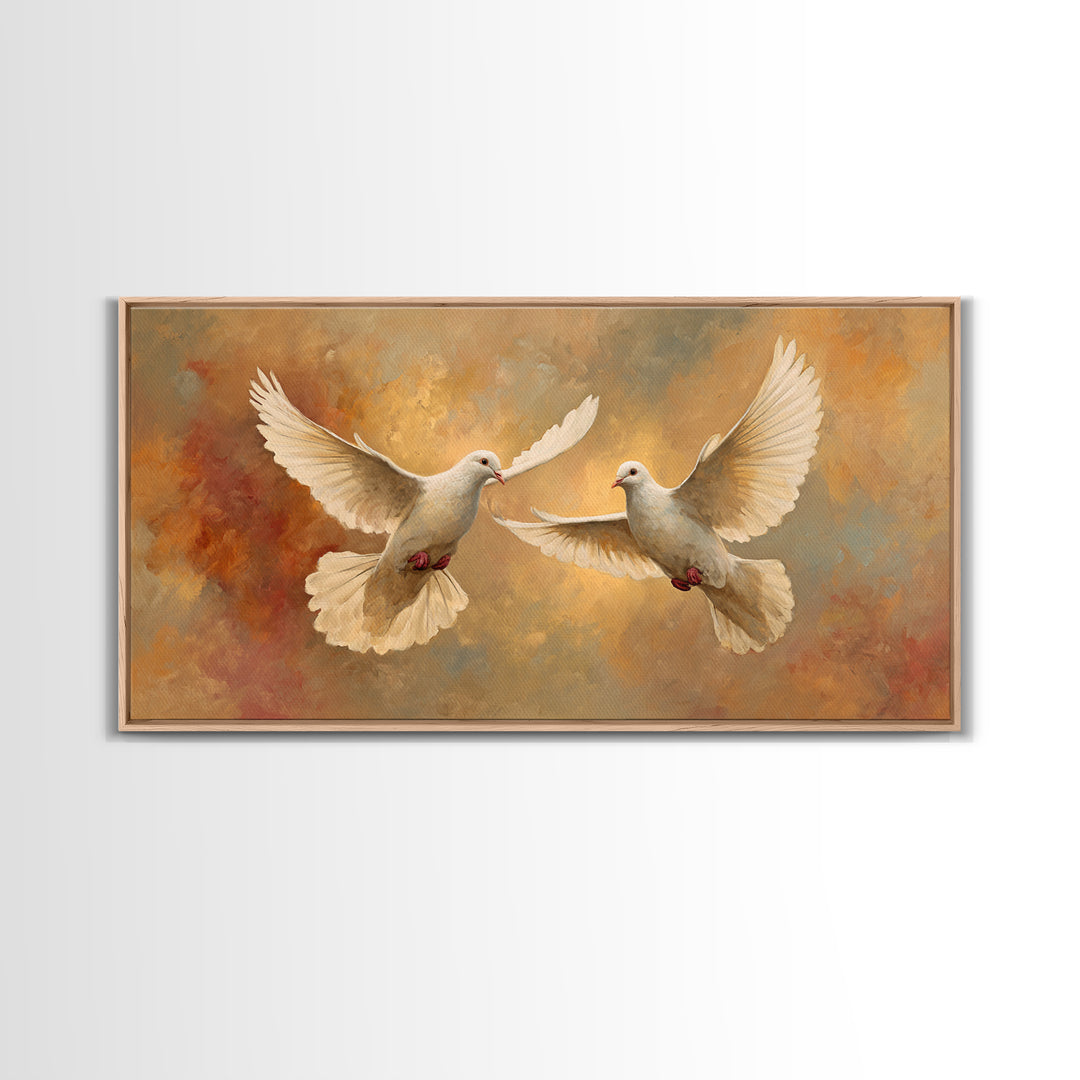 Doves Flying Through Soft Golden Light Framed Canvas Print, Wedding Art, Contemporary Art, Living Room Decor, Fine Art, Romance, WED-2x1-7