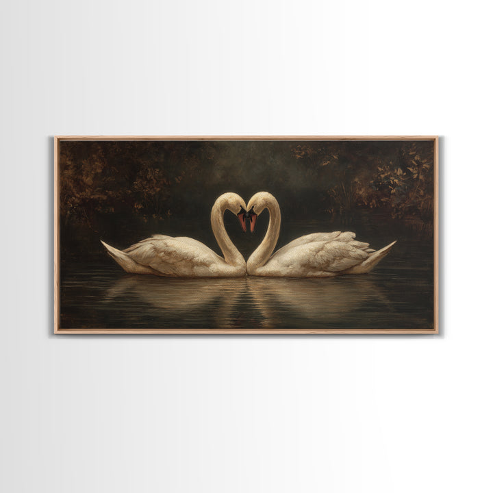 Two Swans Forming a Heart on Dark Canvas Print, Wedding Art, Minimalist Decor, Living Room Decor, Romance, Custom Painting, WED-2x1-70