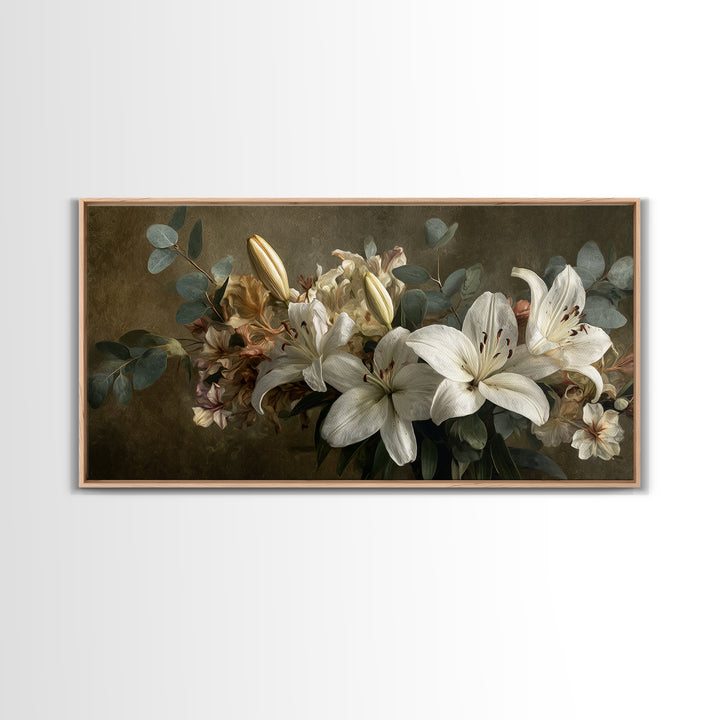 White Lilies and Eucalyptus Arrangement Canvas Print, Wedding Art, Wedding, Living Room Decor, Oil Painting, Romance, WED-2x1-77