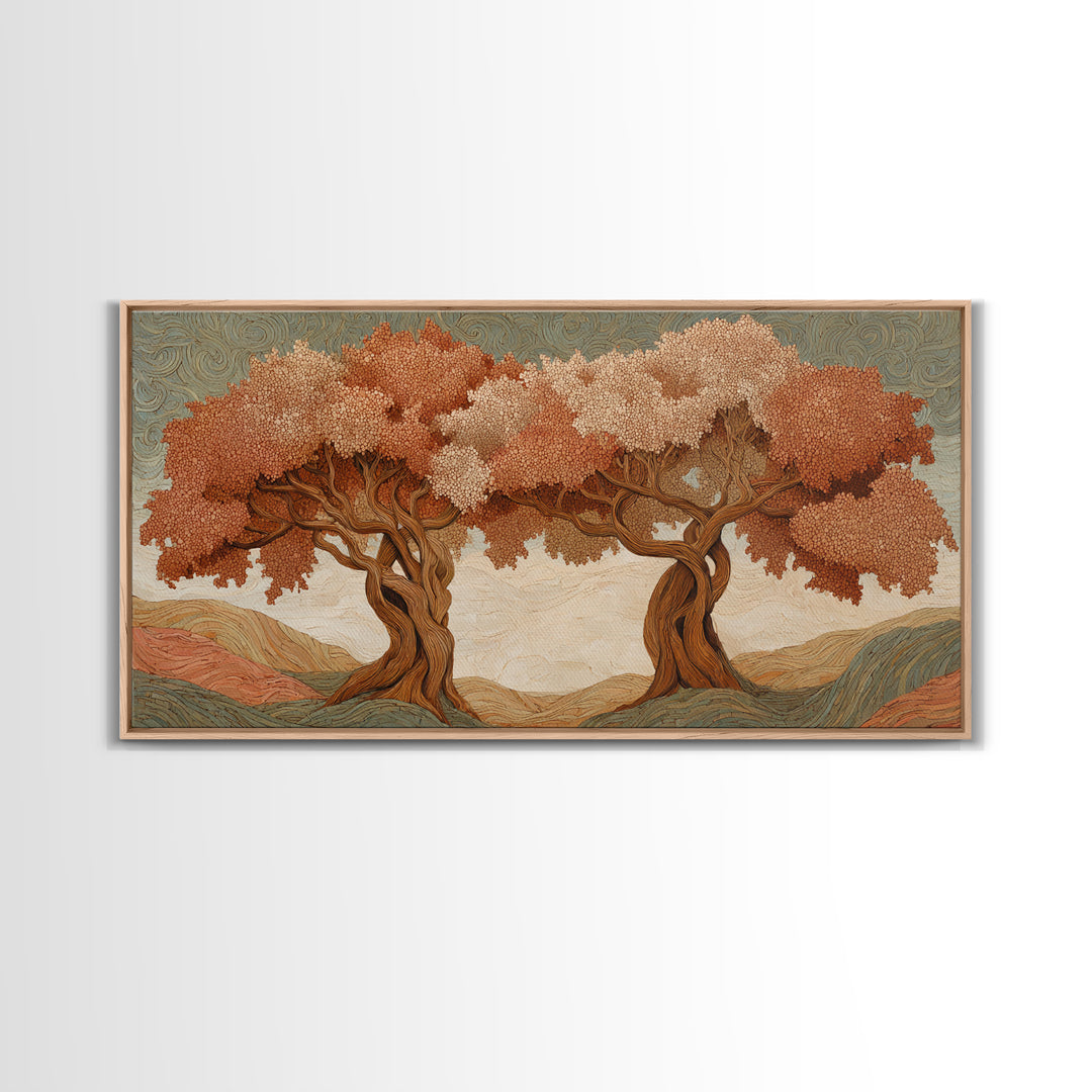 Two Intertwined Trees as Symbolic Artwork Framed Canvas Print, Wedding Art, Wedding Dress, Living Room Decor, Fine Art, Romance, WED-2x1-91
